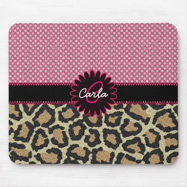 Elegant Leopard Print and Polka Dot Monogram Mouse Mat (Front)