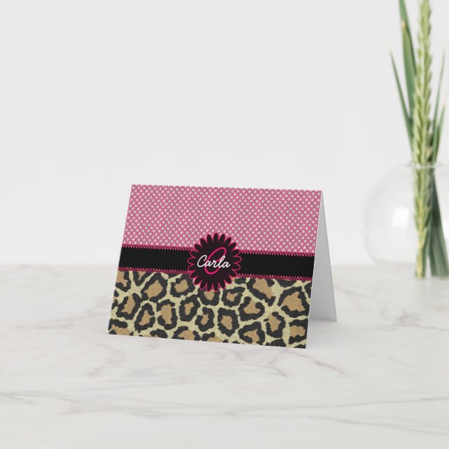 Elegant Leopard Print and Polka Dot Monogram Note Card (Front)