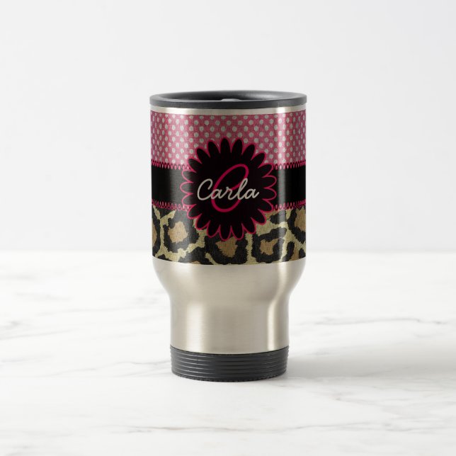 Elegant Leopard Print and Polka Dot Monogram Travel Mug (Center)