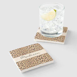 Elegant Leopard Print Black Brown Script Name Stone Coaster