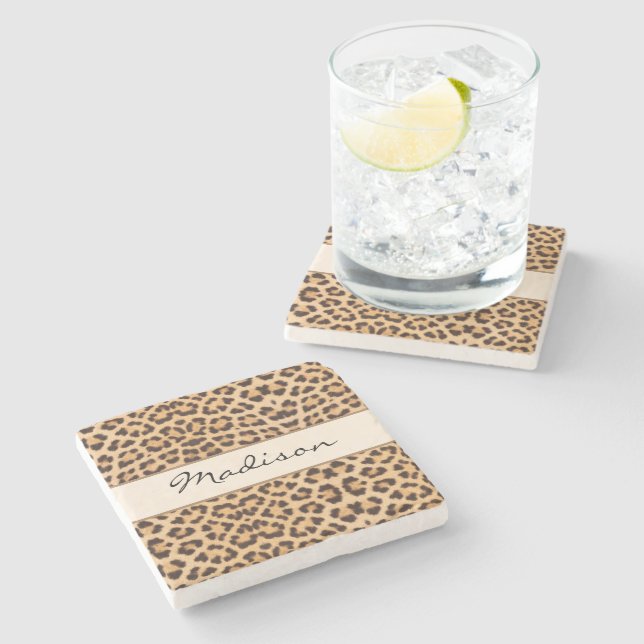 Elegant Leopard Print Black Brown Script Name Stone Coaster (Side)