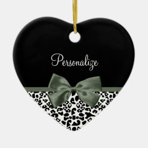 Elegant Leopard Print Dark Green Ribbon With Name Ceramic Tree Decoration