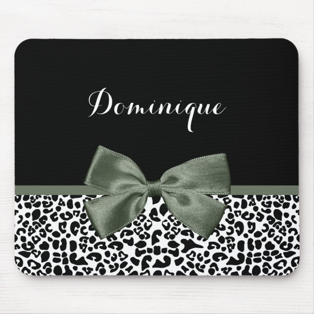 Elegant Leopard Print Dark Green Ribbon With Name Mouse Mat (Front)