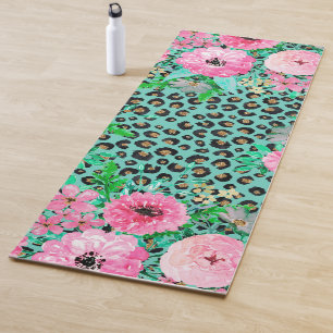 Elegant Leopard Print & Floral Paint Mint design Yoga Mat