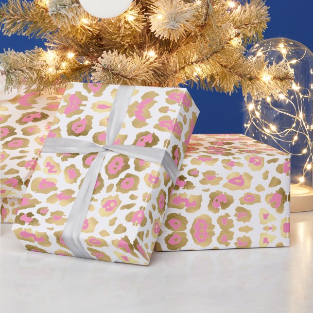 Elegant leopard print gold foil pink white girly wrapping paper (Holidays)