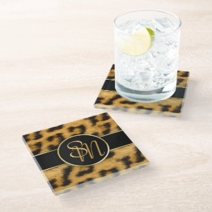 Elegant Leopard Print Monogram - Glass Coaster