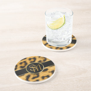 Elegant Leopard Print Monogram - Sandstone Coaster