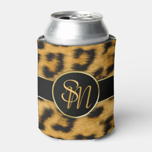 Elegant Leopard Print Monogram Script - Can Cooler