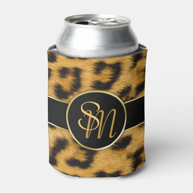 Elegant Leopard Print Monogram Script - Can Cooler (Can Front)