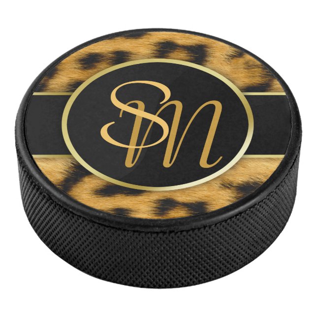 Elegant Leopard Print Monogram Script Hockey Puck (3/4)