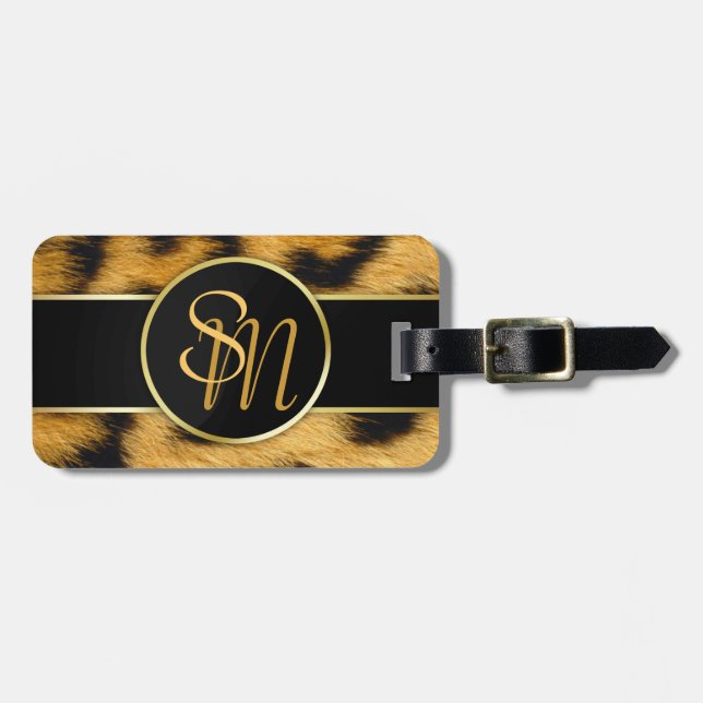 Elegant Leopard Print Monogram Script Luggage Tag (Front Horizontal)