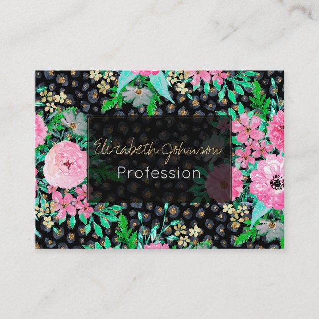 Elegant Leopard Print & Pink Floral Black design Business Card (Front)