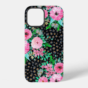 Elegant Leopard Print & Pink Floral Black design iPhone 12 Case