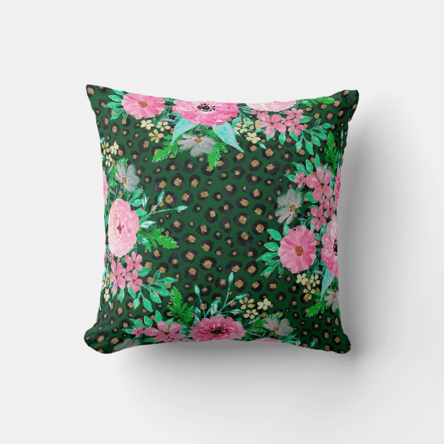 Elegant Leopard Print Pink Floral Green Design Cushion (Front)