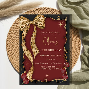 Elegant Leopard Print Wild Cherry Glam Birthday Invitation