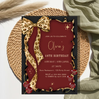 Elegant Leopard Print Wild Cherry Glam Birthday Invitation