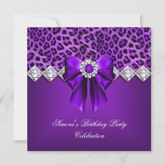 Elegant Leopard Purple Bow Diamonds Invitation (Front)