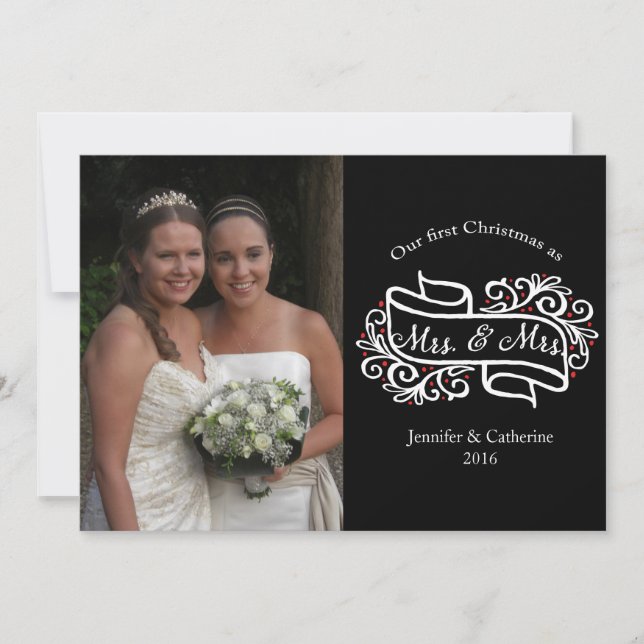 Elegant Lesbian Newlyweds Christmas Photo Greeting Holiday Card (Front)