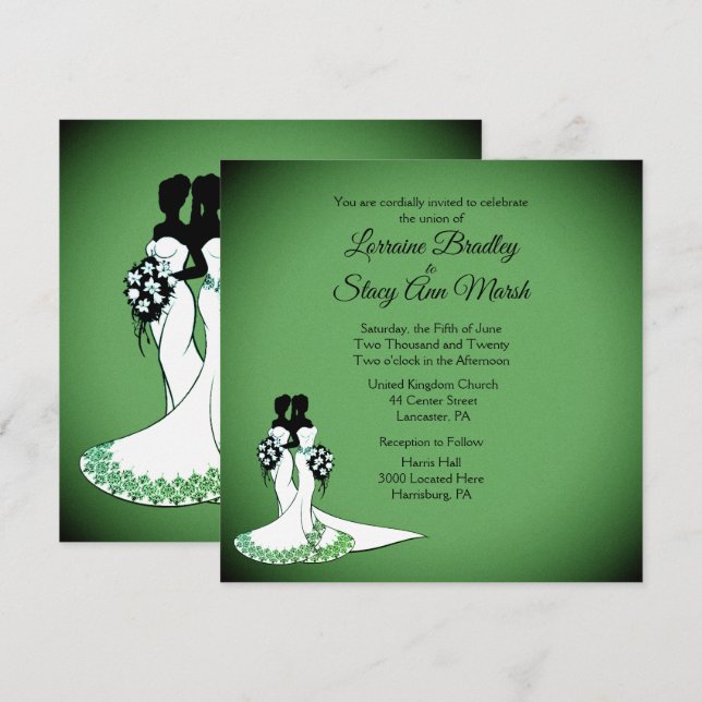 Elegant Lesbian Wedding Invitation Emerald (Front/Back)