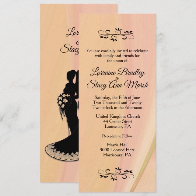 Elegant Lesbian. Wedding Invitation Peach (Front/Back)