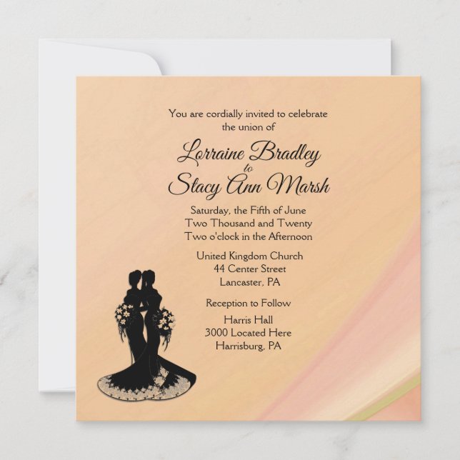 Elegant Lesbian. Wedding Invitation Peach (Front)
