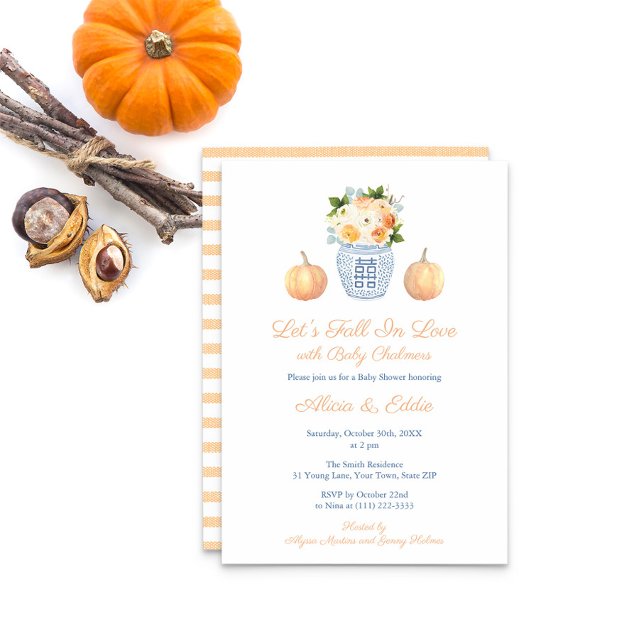 Elegant Let's Fall In Love Pumpkins Baby Shower Invitation (Let's Fall In Love With Baby with this elegant invite featuring pumpkins and fall flowers)