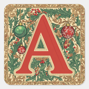 Elegant Letter A: Christmas Red & Green with Gold Square Sticker