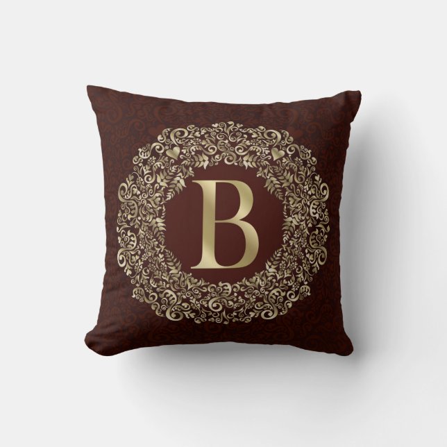 Elegant Letter B gold and Red Damask Monogram  Cushion (Front)