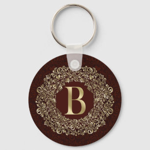 Elegant Letter B gold and Red Damask Monogram Key Ring