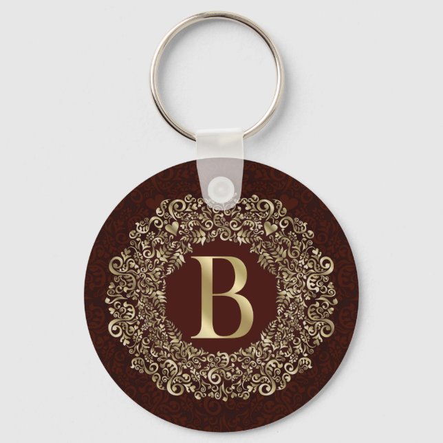 Elegant Letter B gold and Red Damask Monogram  Key Ring (Front)