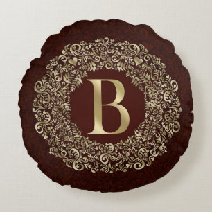 Elegant Letter B gold and Red Damask Monogram Round Cushion