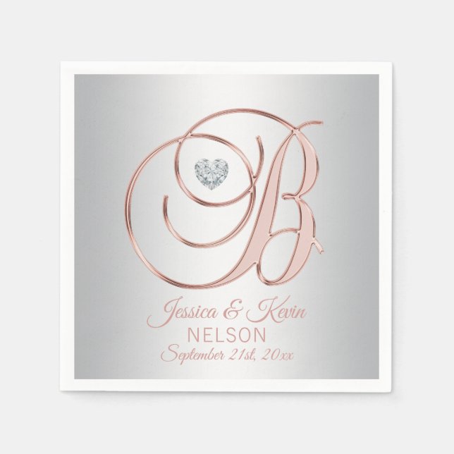 Elegant Letter 'B' Silver Grey Rose Gold Wedding Napkin (Front)