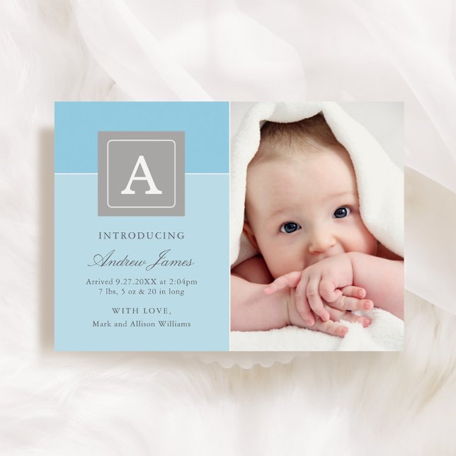 Elegant Letter Block Baby Boy Blue Photo Birth Announcement (Creator Uploaded)