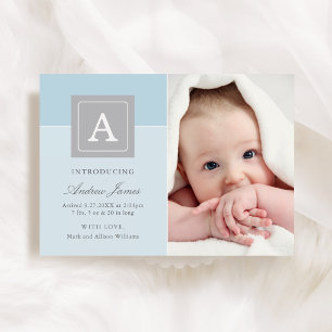 Elegant Letter Block Baby Boy Photo Blue Birth Announcement