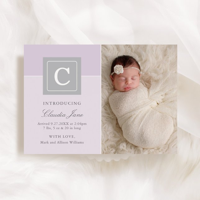 Elegant Letter Block Baby Girl Photo Purple Birth Announcement (Creator Uploaded)