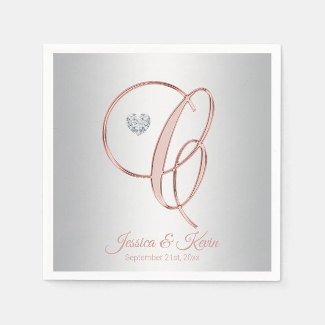 Elegant Letter C Silver Grey Rose Gold Wedding Napkin (Front)