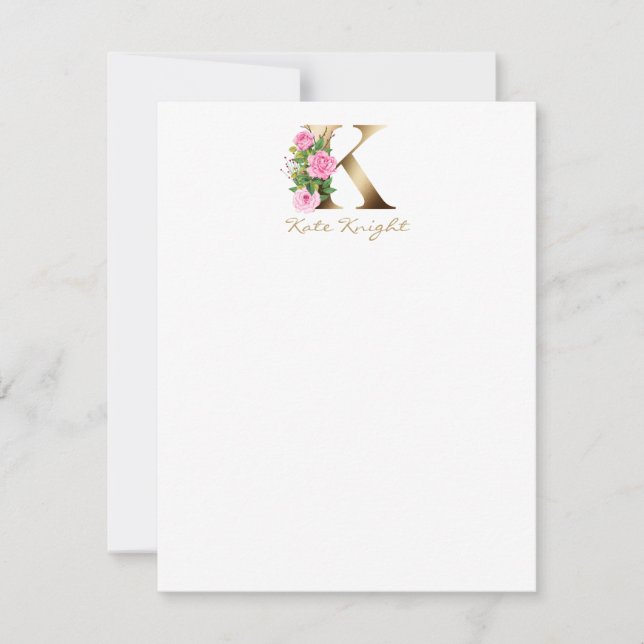 Elegant Letter K Pink Roses Gold Monogram Card (Front)