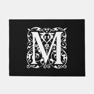 Elegant Letter M White on Black Monogram Doormat