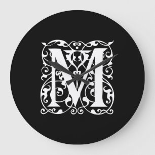 Elegant Letter M White on Black Monogram Large Clock