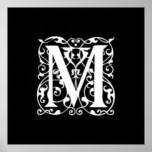 Elegant Letter M White on Black Monogram Poster