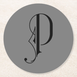Elegant Letter P Monogram Black on Grey Round Paper Coaster