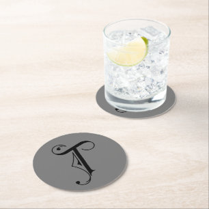 Elegant Letter T Monogram Black on Grey Round Paper Coaster