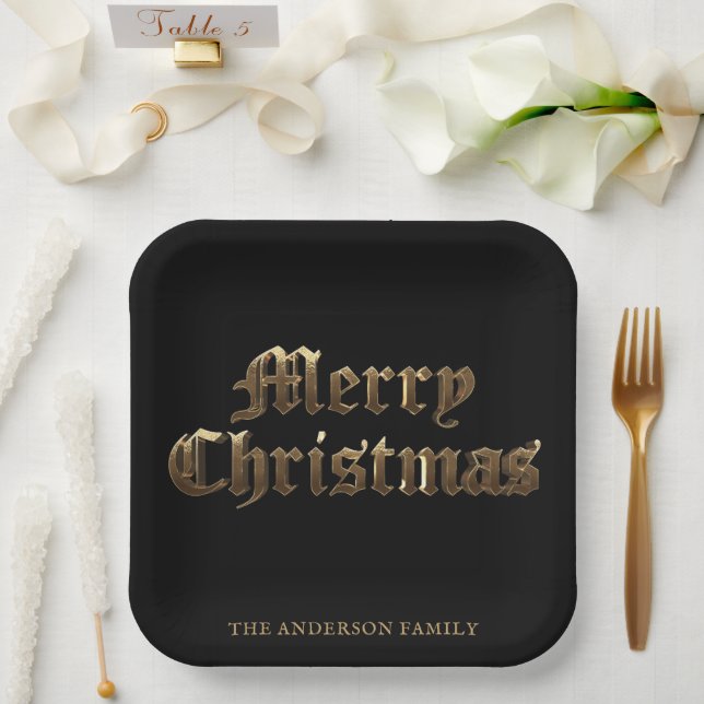 Elegant Lettering Black and Gold Merry Christmas Paper Plate (Wedding)