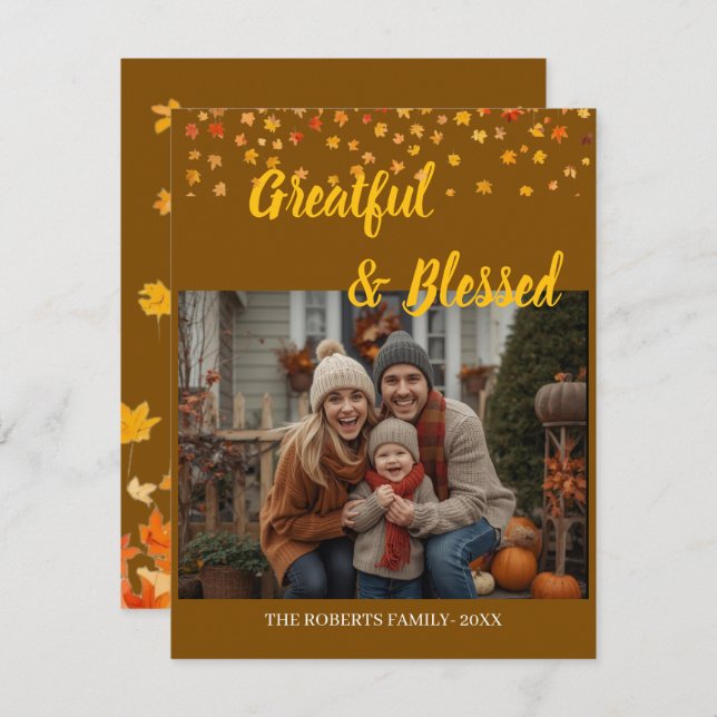 Elegant Lettering Custom Thanksgiving family photo Holiday Card (Front/Back)