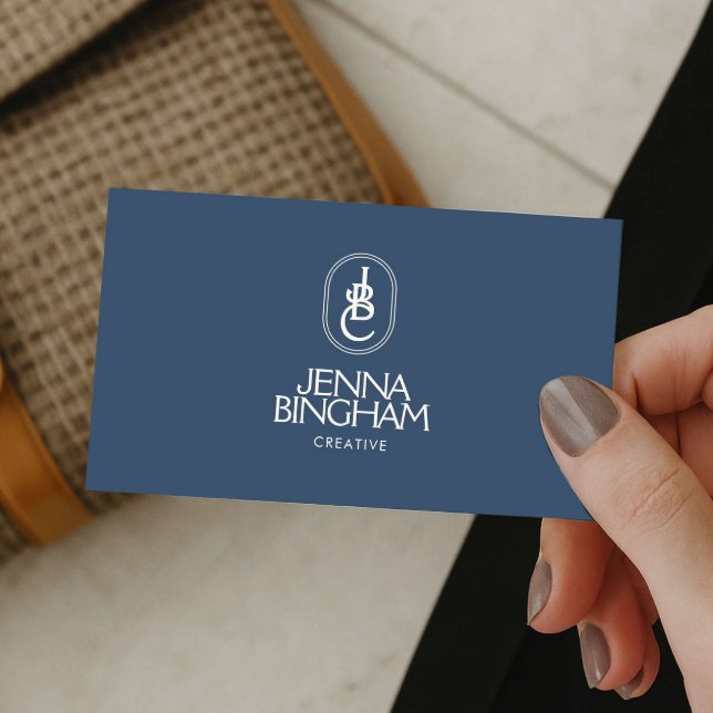 Elegant Lettering Monogram Logo Blue/Ivory Business Card (Creator Uploaded)