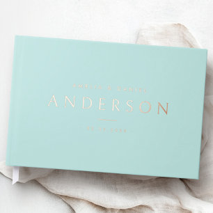 Elegant light aqua blue wedding names date real guest book
