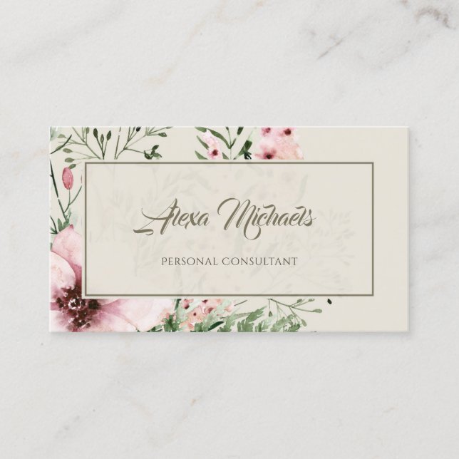 Elegant Light Beige Pink Forest Floral Frame Business Card (Front)