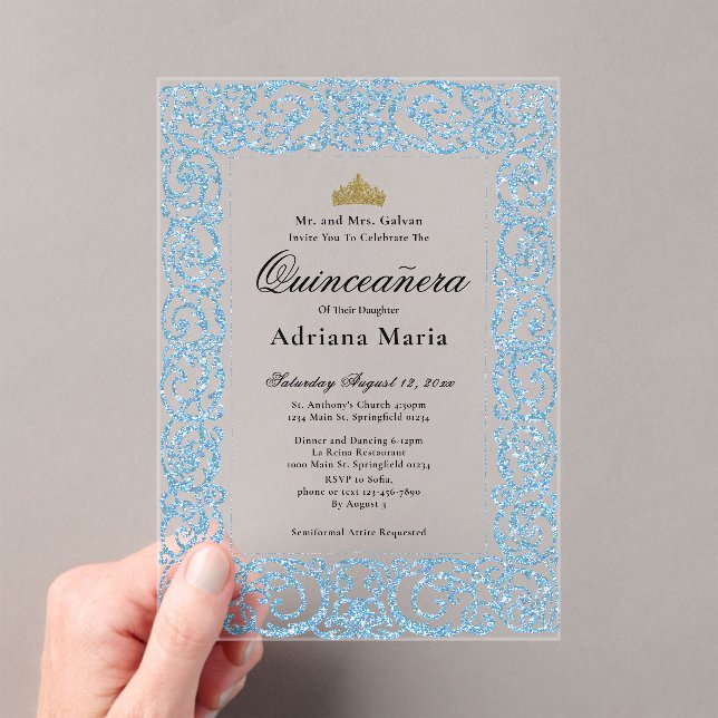 Elegant Light Blue 15th Birthday Quinceanera Acrylic Invitations (Insitu (Handheld))