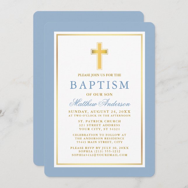 Elegant Light Blue and Gold Baptism Invitation (Front/Back)