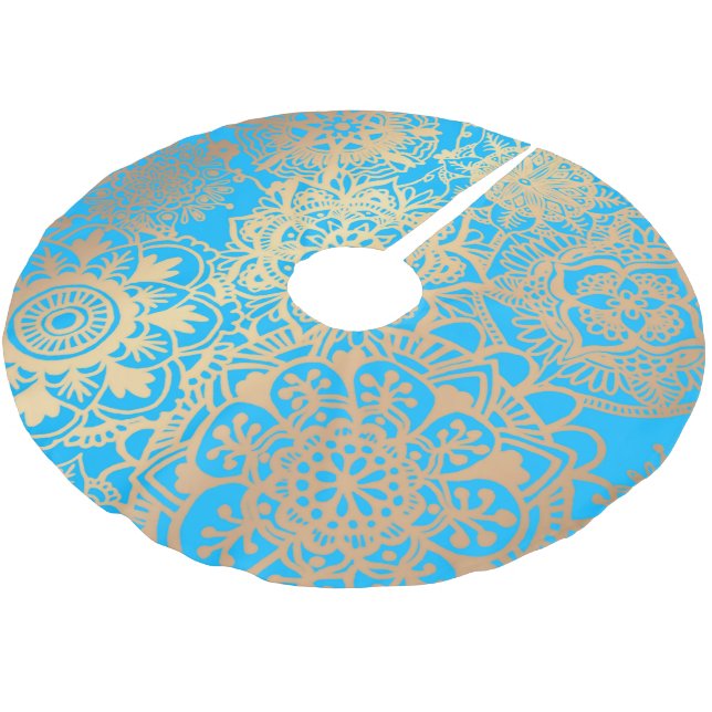 Elegant Light Blue and Gold Mandala Pattern Brushed Polyester Tree Skirt (Angled)